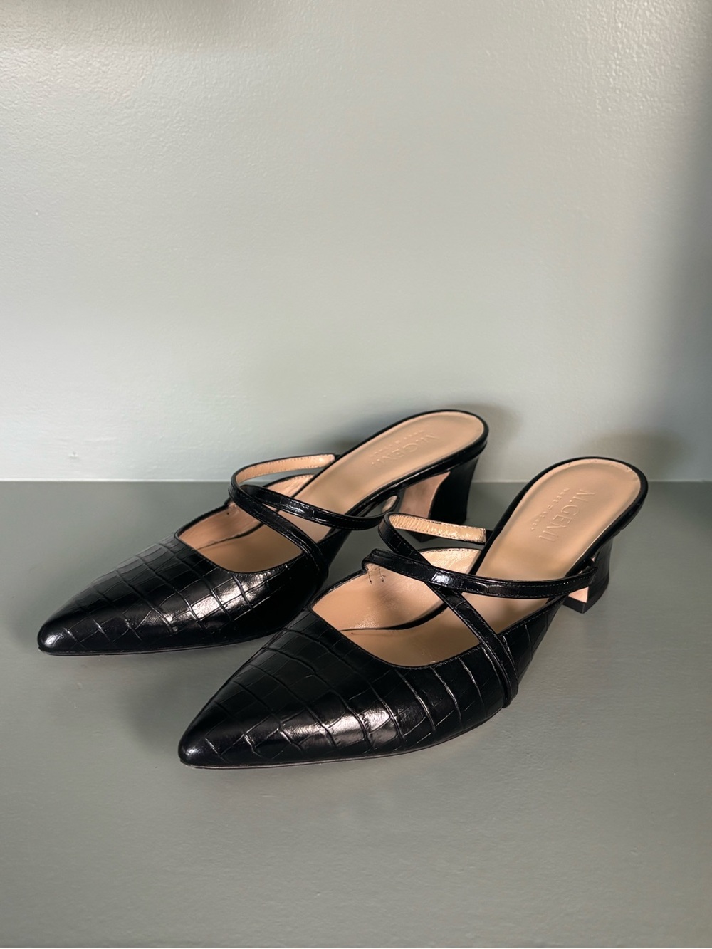 M.Gemi Women’s Black Pointed Mule Heels with Cross Straps